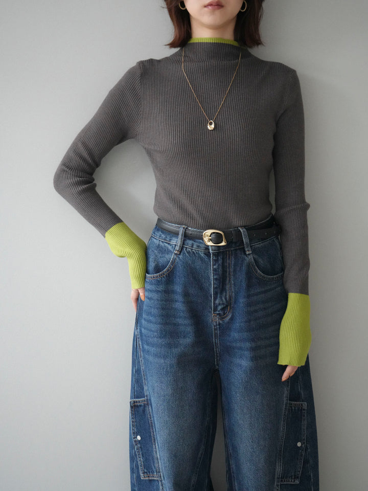 [SET]袖ボタンハイネック配色リブニットトップス+袖ボタンハイネック配色リブニットトップス(2set)