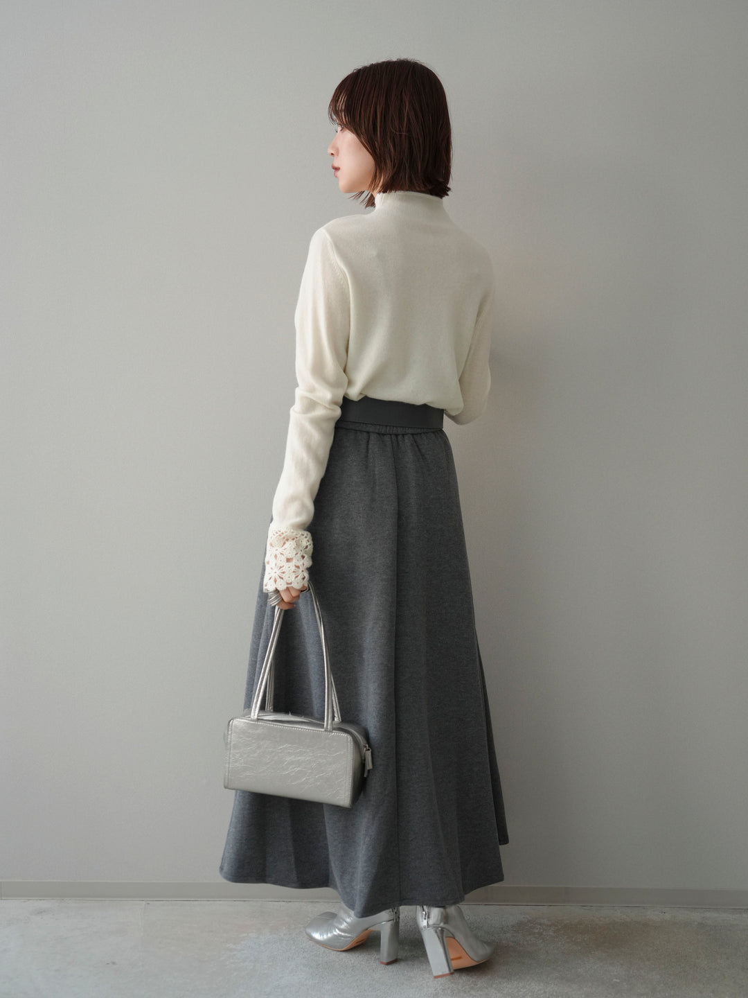 [SET]袖スカラップレースフロントボタンウールニットトップス+ベルト付きベルトループスカート(2set)