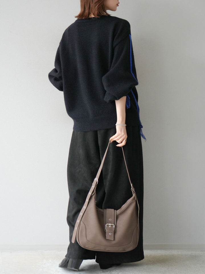 [SET]配色ステッチフリンジニットプルオーバー +スウェードタックワイドパンツ(2set)