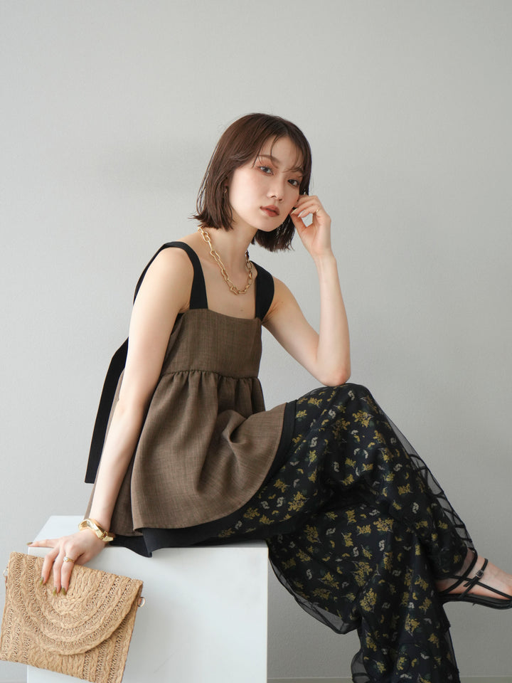 [SET]コード刺繍チュールレイヤードパンツ+ブーケプリントタックパンツ(2set)