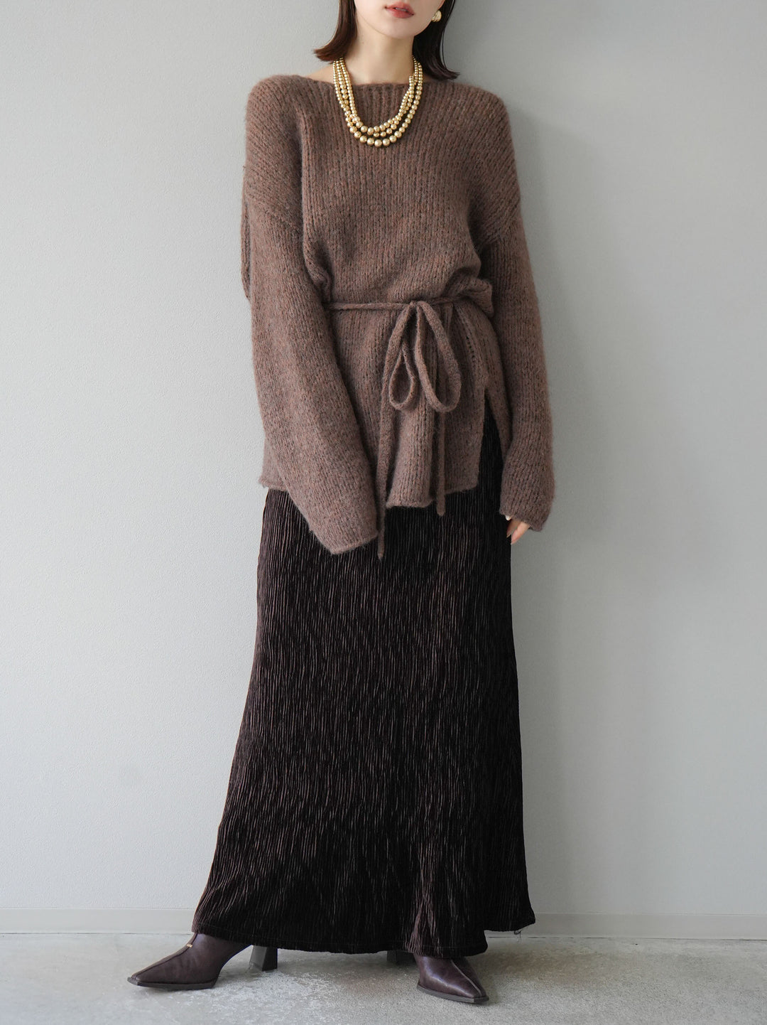 [予約]紐付きあぜ編みオーバーニットプルオーバー/ブラウン