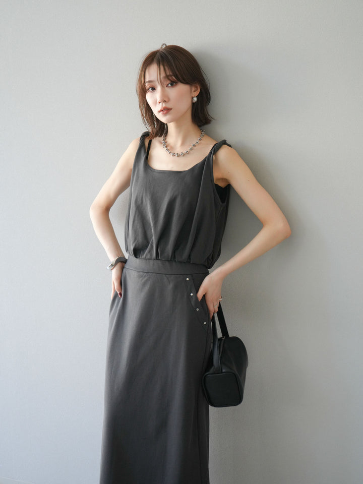 [SET]ミニ裏毛ツイストキャミバルーントップス＆Iラインスカート(2set)