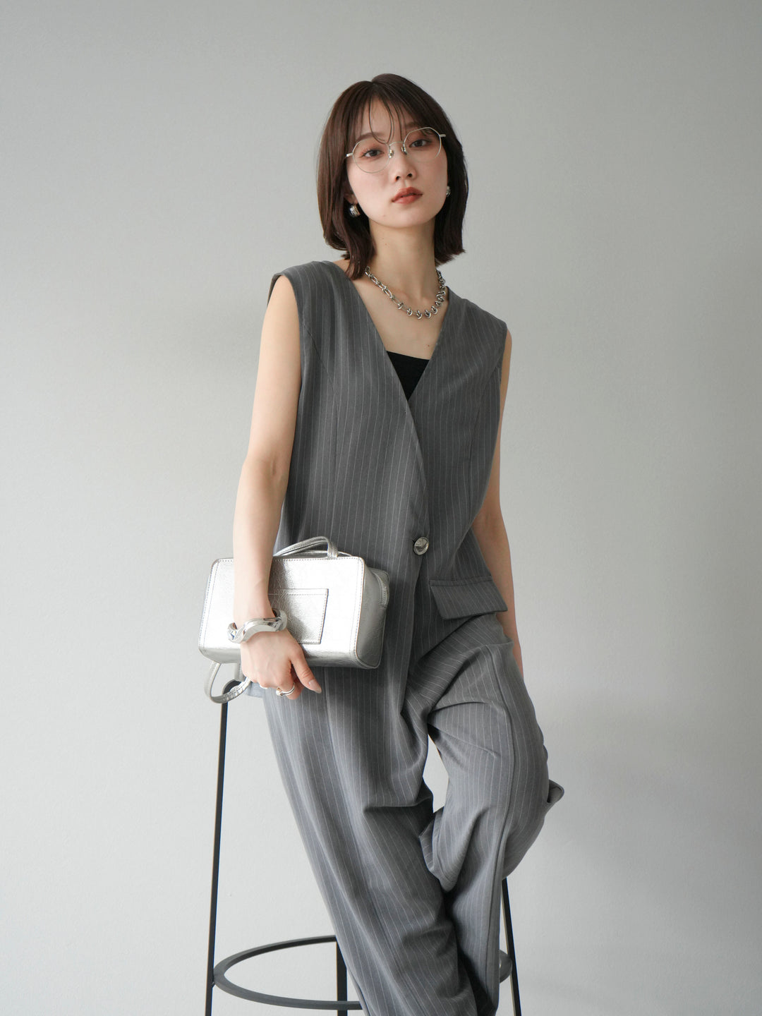 [予約]ストライプラップデザインオールインワン/グレー
