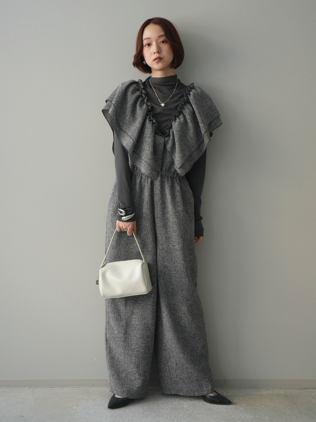 [SET]3WAYミックスツイードギャザーオールインワン+シアープチネックストレッチトップス(2set)