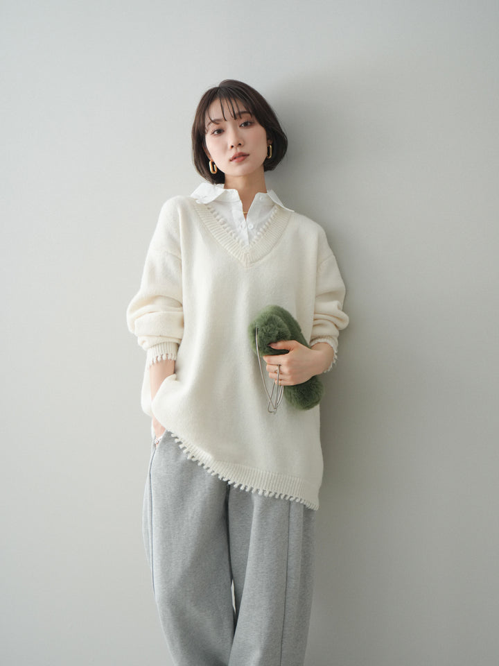 [SET]シャツドッキングVネックフリンジニットプルオーバー+選べるアクセセット(2set)