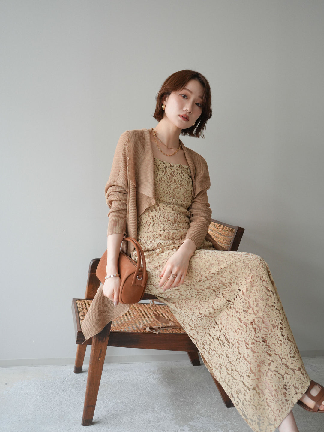 [SET]ドレープリブニットガウン+フルレースキャミ＆IラインスカートSET UP(2set)