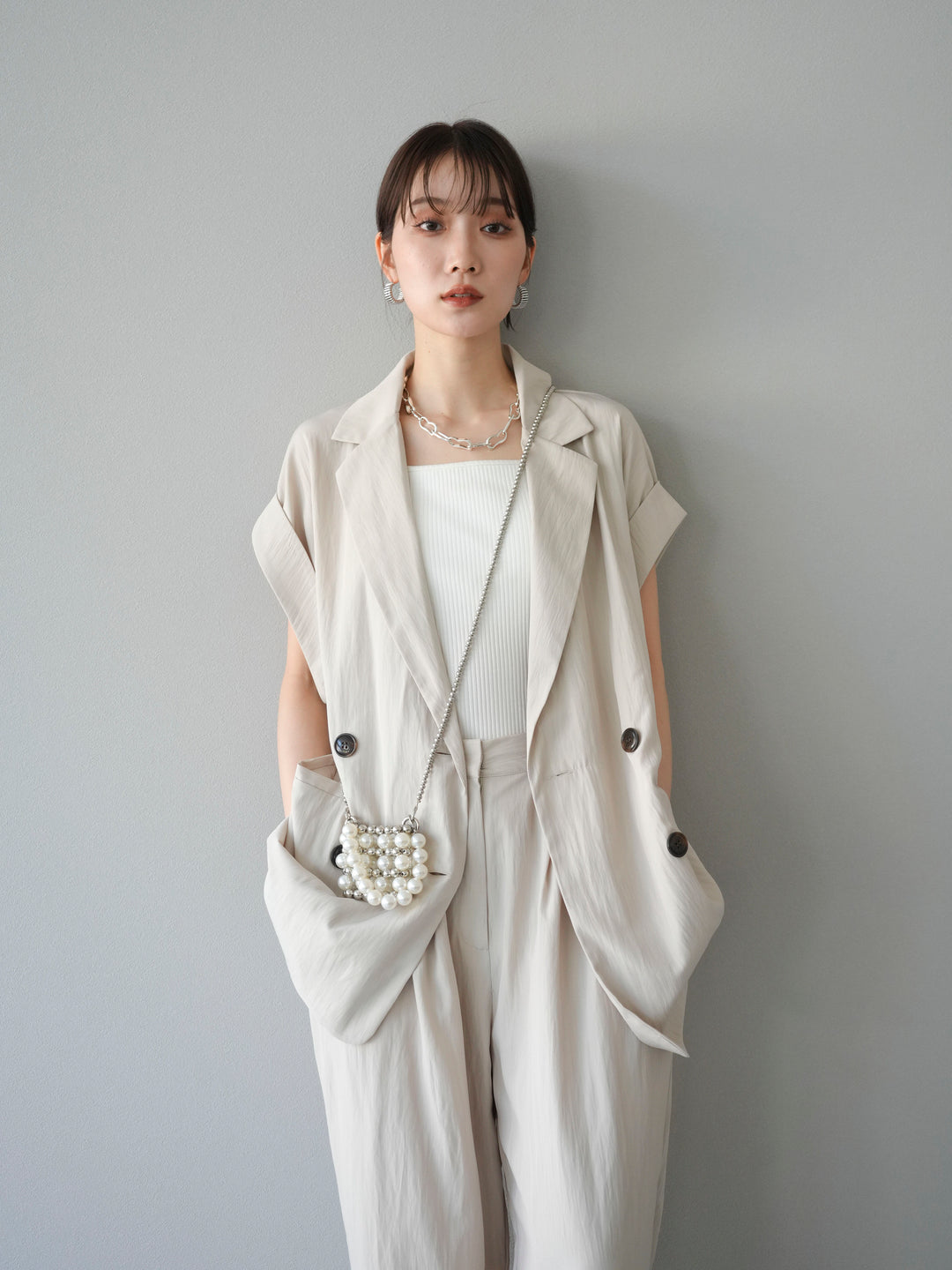 [SET]リネンライクノースリーブダブルジレ+リネンライクノースリーブダブルジレ(2set)