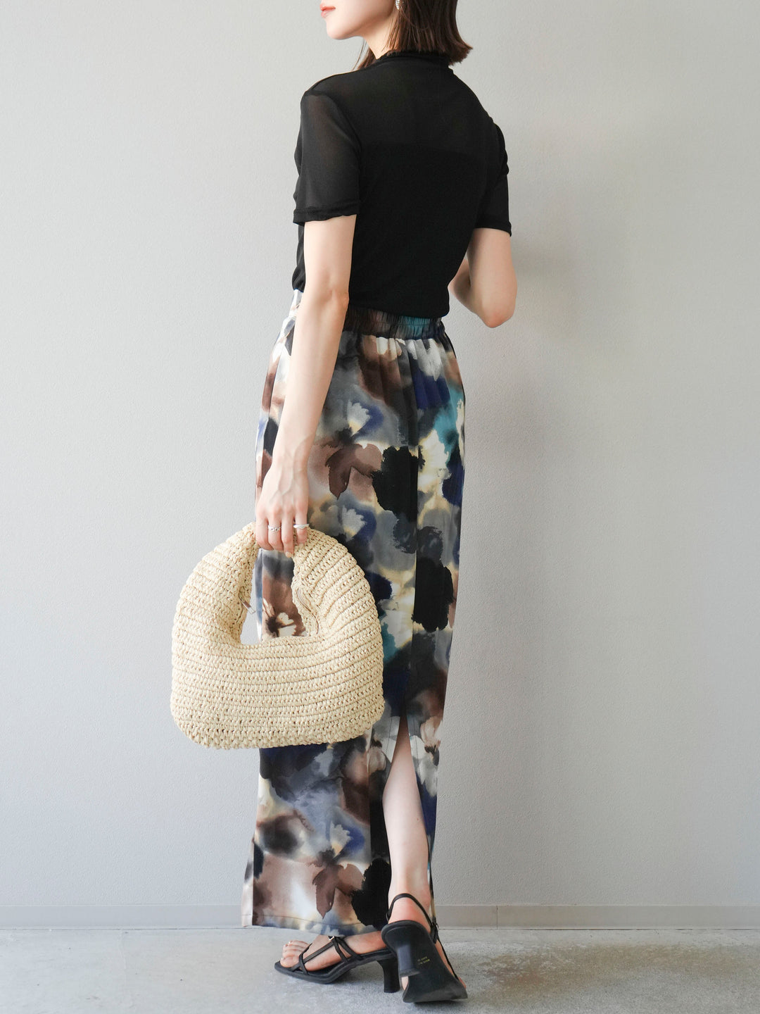 [SET] 透視半袖上衣 + 水彩印花褶襉I字裙 (2set)
