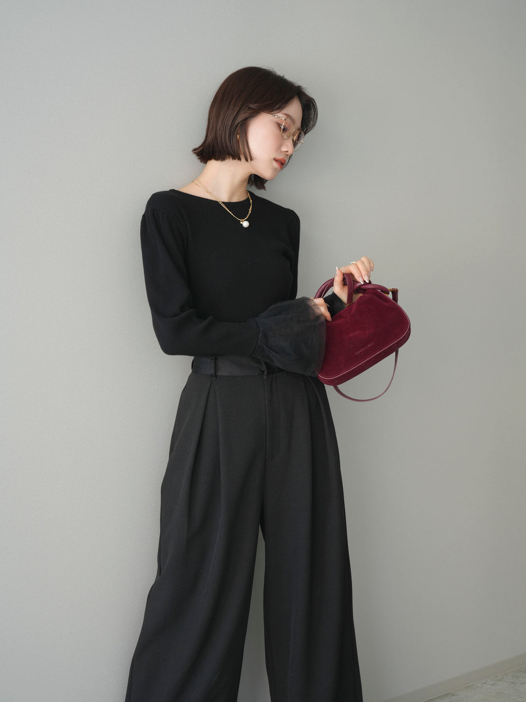 [SET]袖チュールパワショルリブニットトップス+選べるアクセセット(2set)