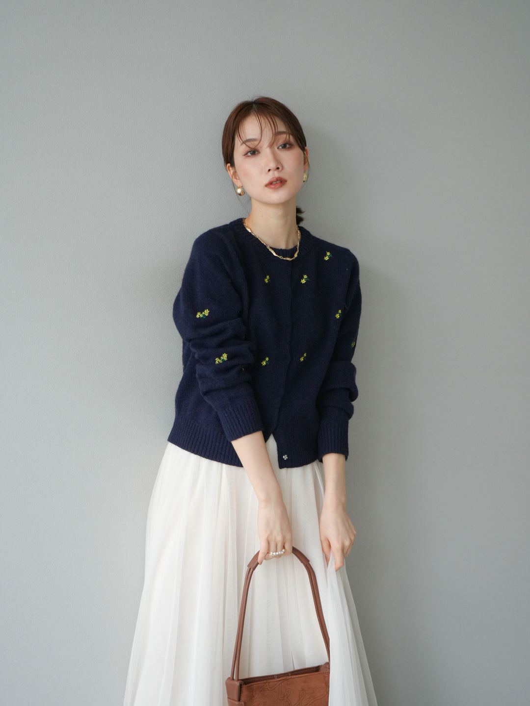 [SET]フラワー刺繍ニットカーディガン+チュールボリュームスカート(2set)