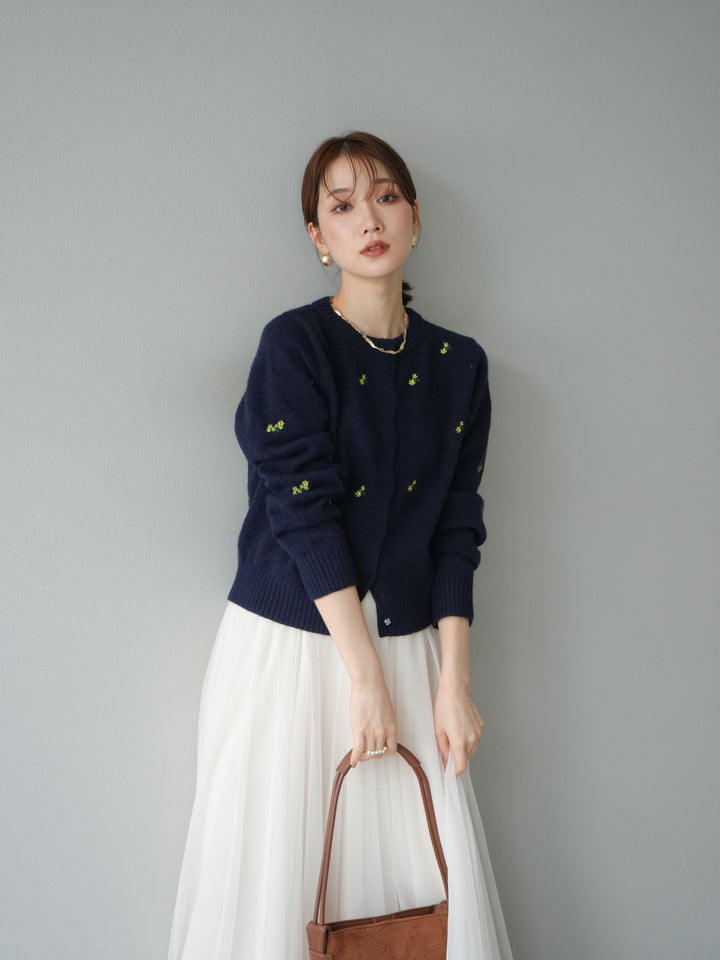 [SET]フラワー刺繍ニットカーディガン+チュールボリュームスカート(2set)