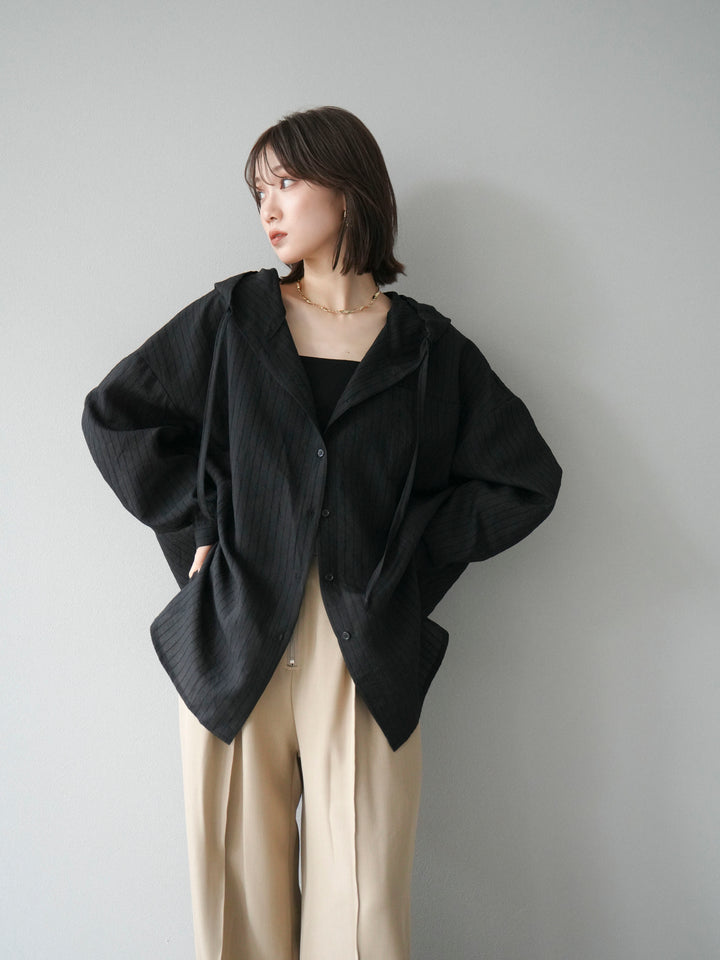 [予約]ワッシャーストライプフーディーシャツ/ブラック