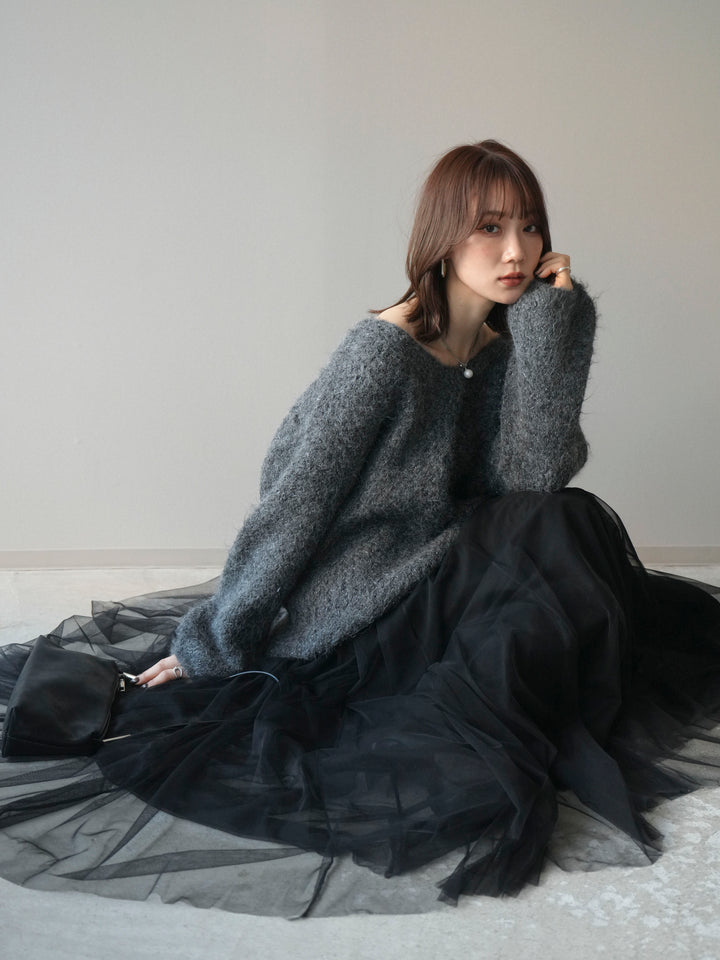 [予約]ウールタッチラメミックスヤーンVネックニットプルオーバー/charcoal
