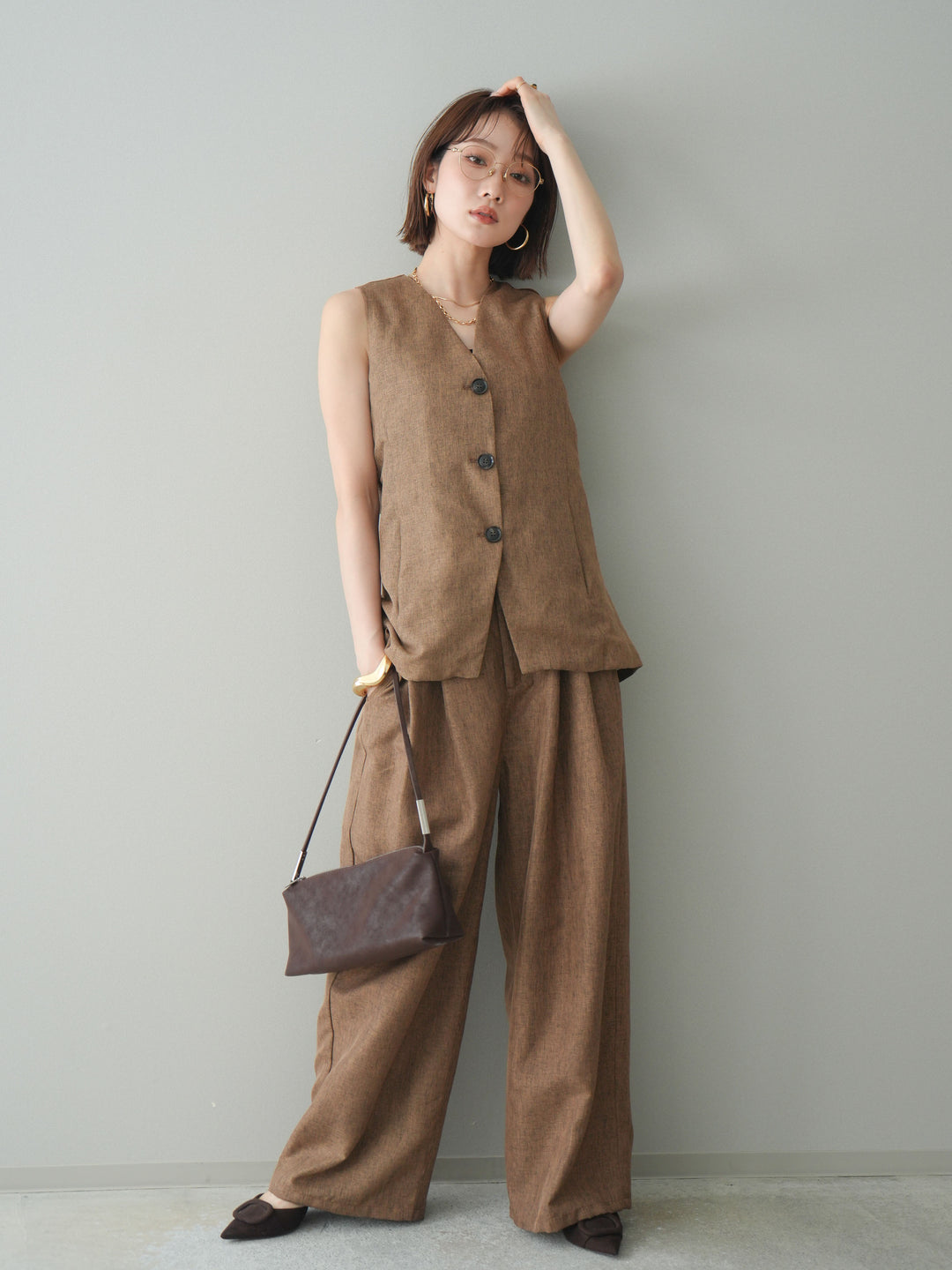 [SET]リネンライクバックオープンジレ+リネンライクタックワイドパンツ(2set)