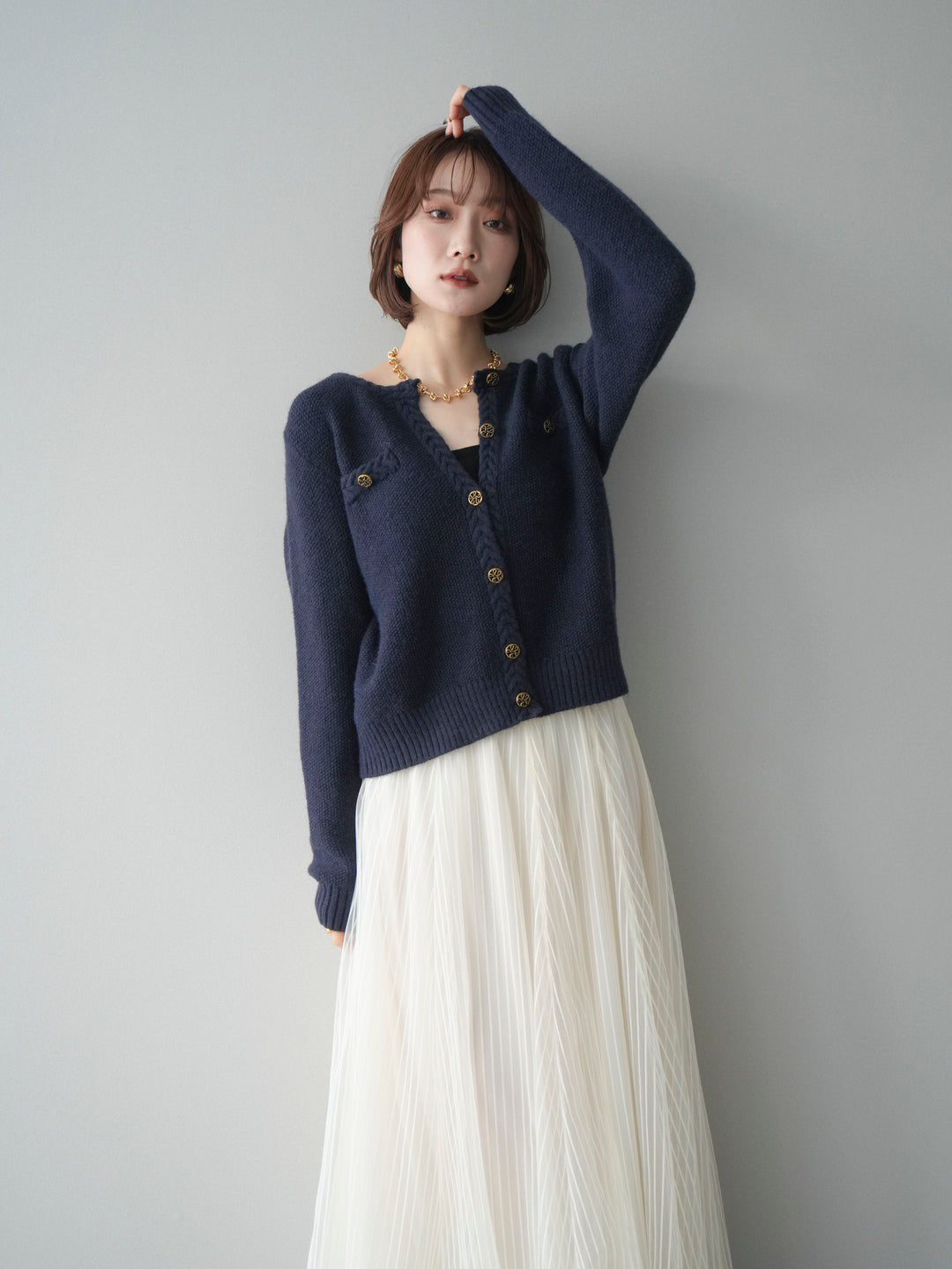 [SET]編みこみアンティークボタンニットカーディガン+チュールストライプボリュームスカート(2set)