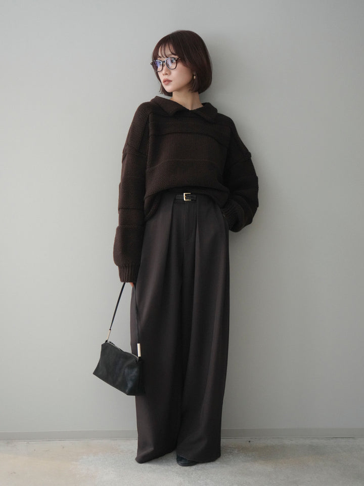 [予約]襟付きボーダー編みニットプルオーバー/brown