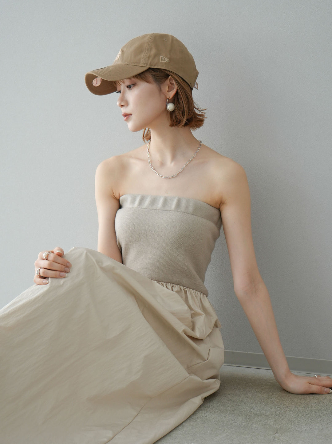 [預訂] 針織 x 塔夫綢小熊洋裝/米色