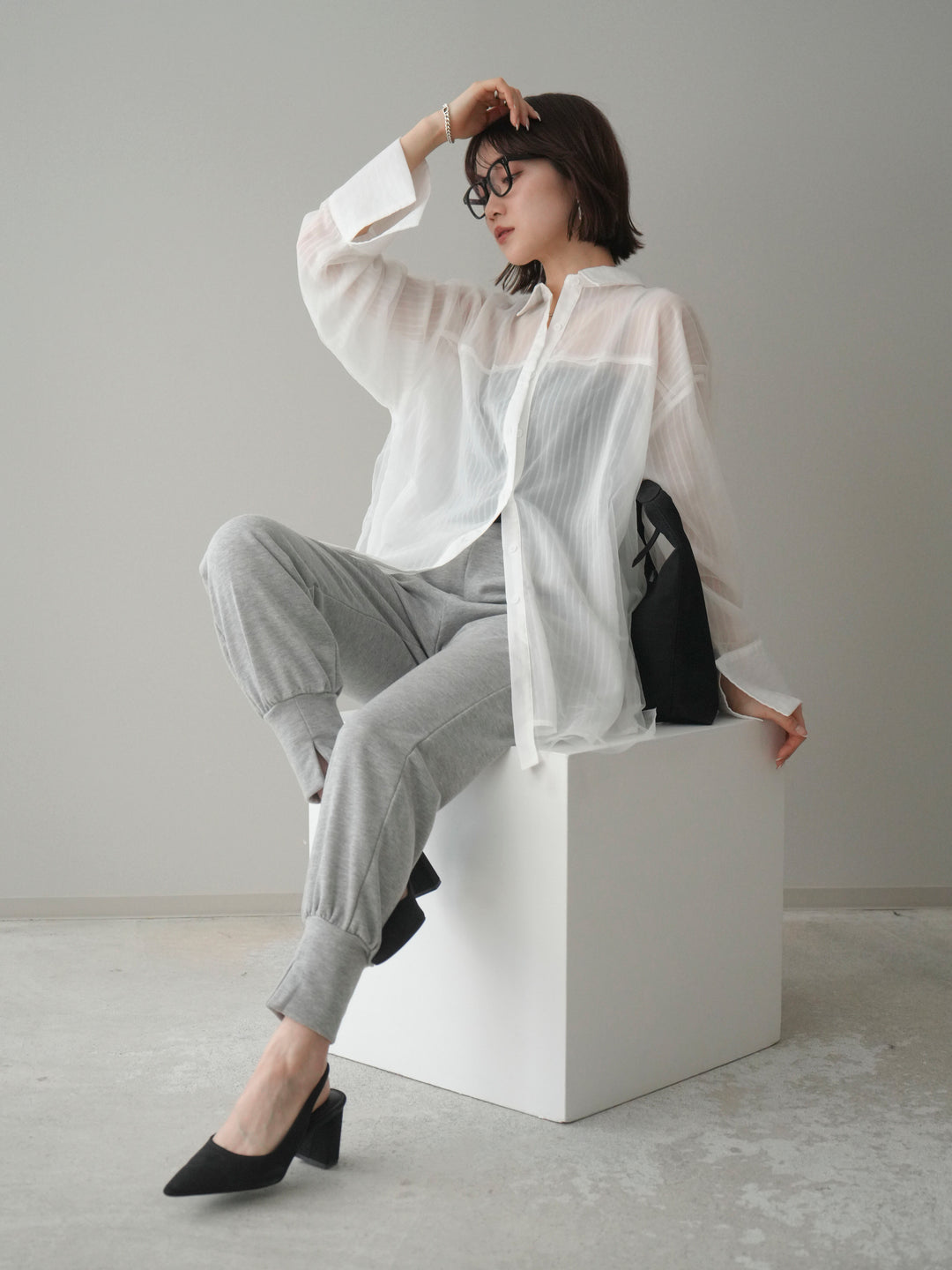[予約]チュールレイヤードストライプシアーシャツ/offwhite