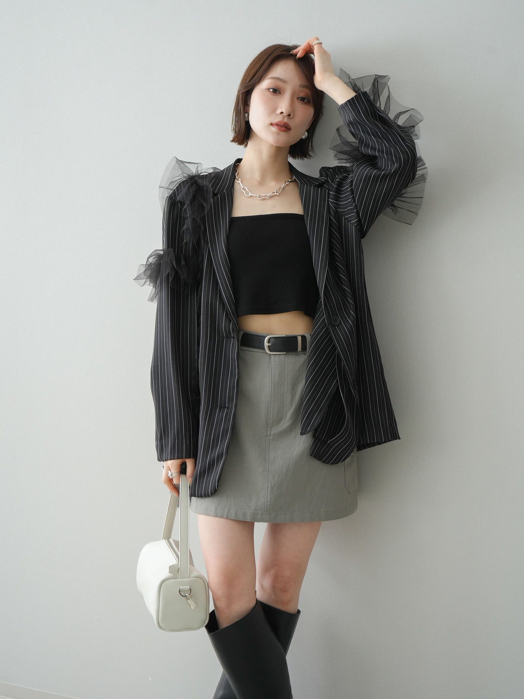 [予約]アシンメトリーチュールストライプジャケット/black