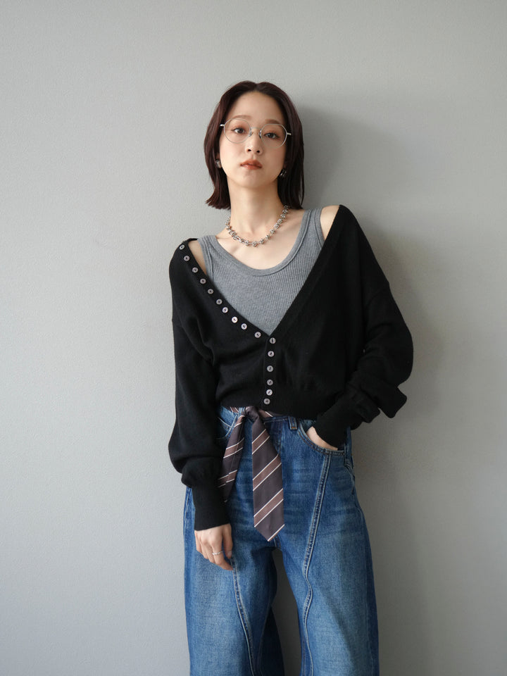 [予約]デザインボタンニットカーディガン＆タンクトップSET/ブラック