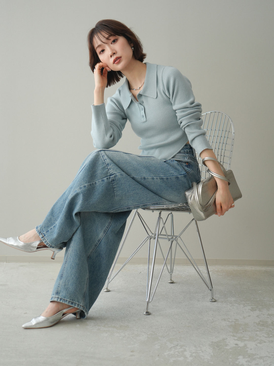 [予約]リブポロニットボディスーツ/blue