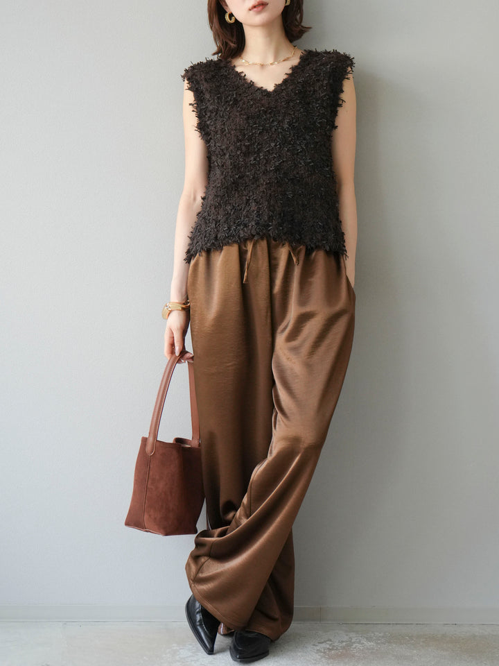 [予約]サテンラインワイドパンツ/ブラウン