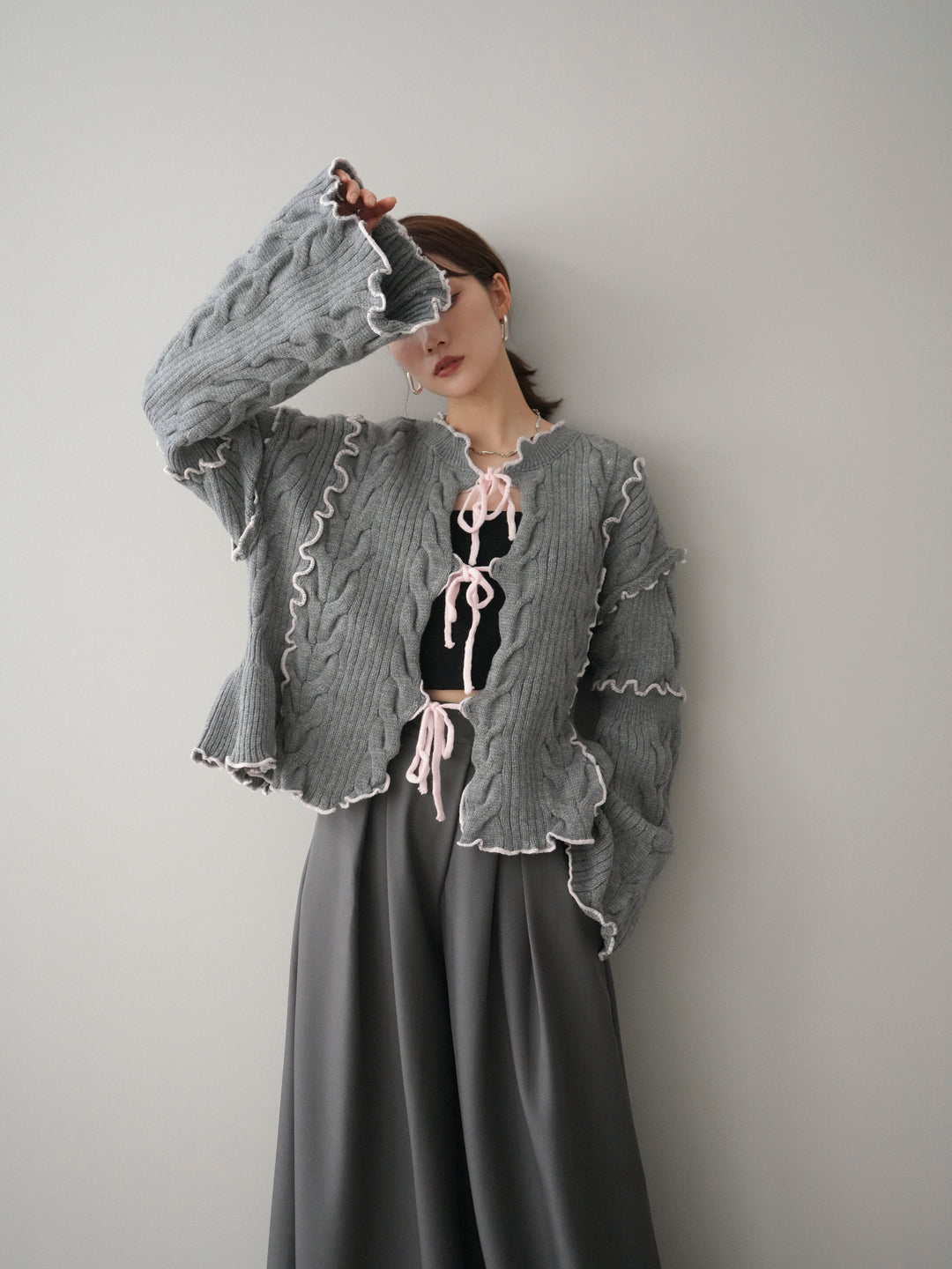 [SET]フロントリボン配色メローニットカーディガン+選べるアクセセット(2set)