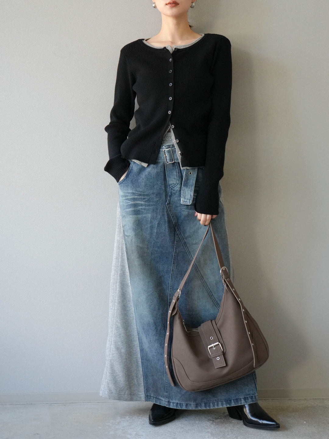 [予約]レイヤード配色ニットカーディガン/ブラック