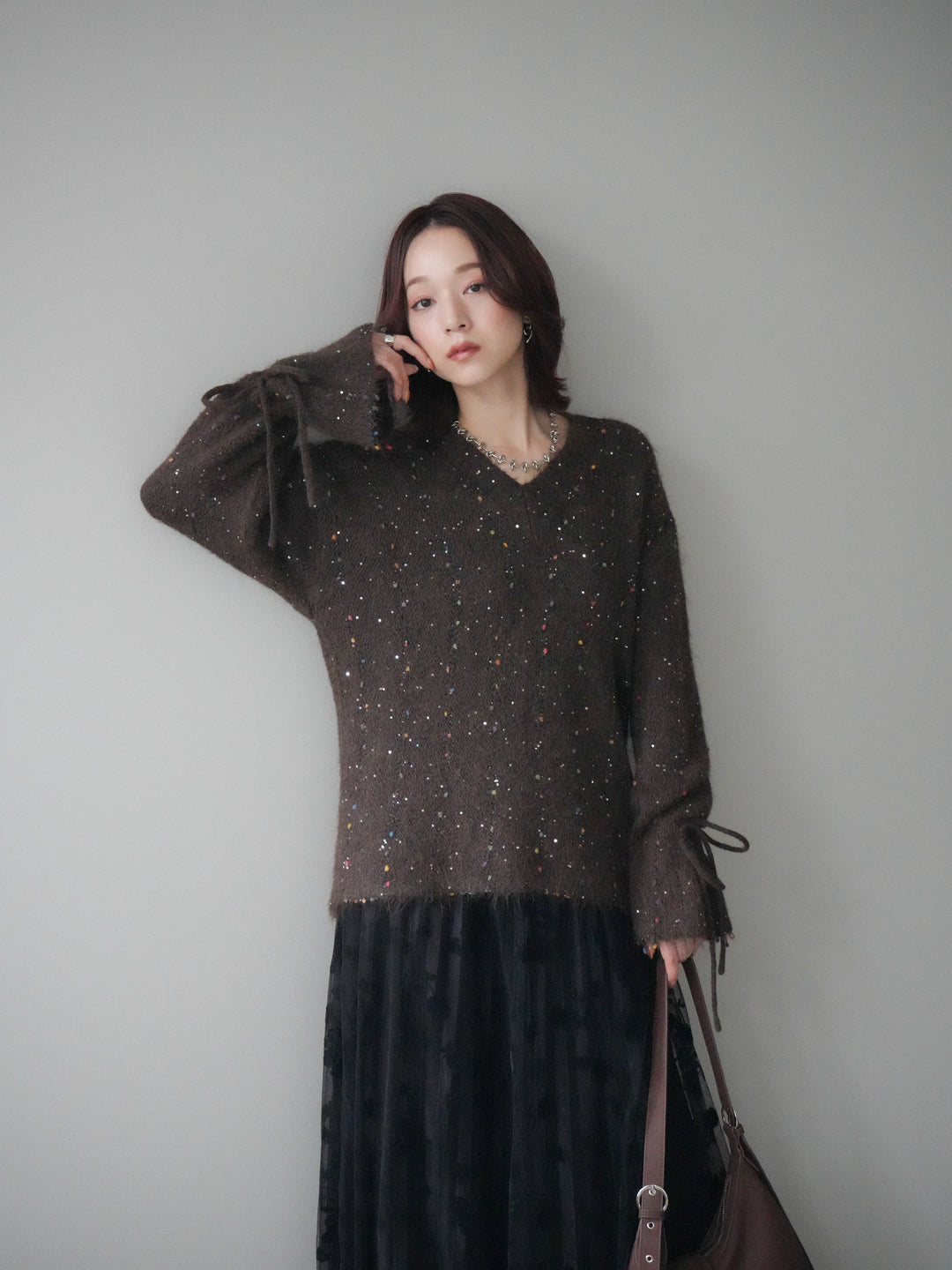 [SET]キャンディースリーブカラーネップスパンコールニットプルオーバー+フラワーフロッキーチュールプリーツスカート(2set)