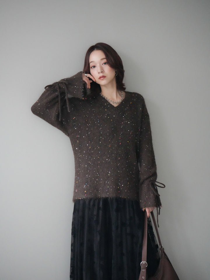 [SET]キャンディースリーブカラーネップスパンコールニットプルオーバー+フラワーフロッキーチュールプリーツスカート(2set)