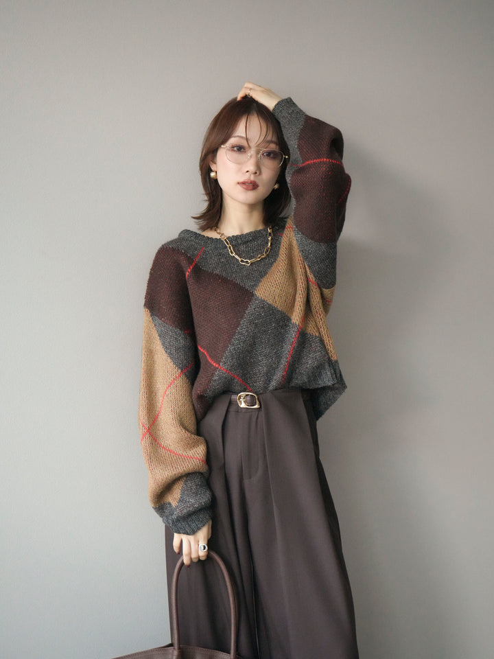 [SET]配色ステッチアーガイル柄ニットプルオーバー+ベルトループデザインワイドパンツ(2set)