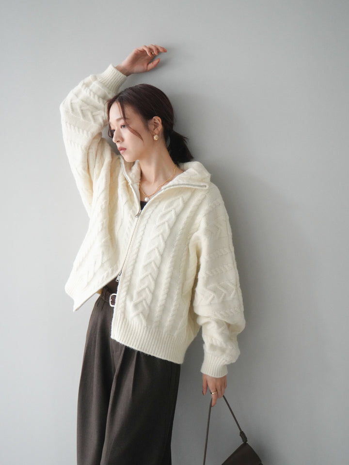 [SET]ケーブル編みハイネックZIPニットカーディガン+アニマル柄ベルト付きウールタッチワイドパンツ(2set)