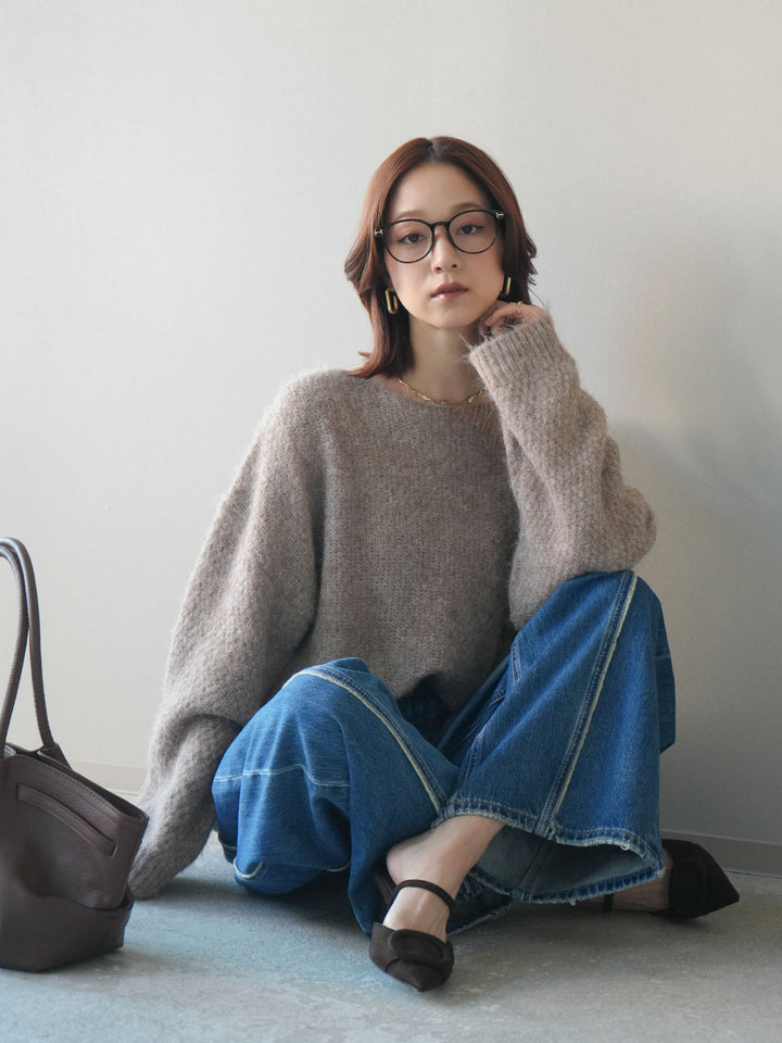 [SET]透かしデザインニットプルオーバー+サイドフリンジワイドデニムパンツ(2set)