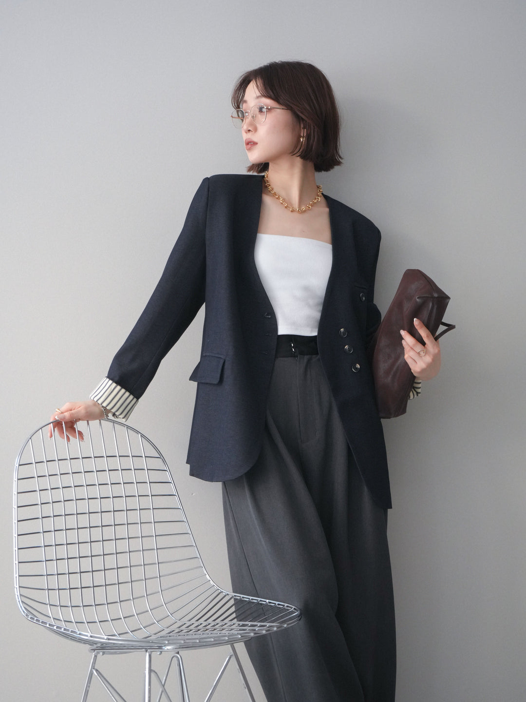 [SET]ノーカラージャケット+サテンベルトタックワイドパンツ(2set)