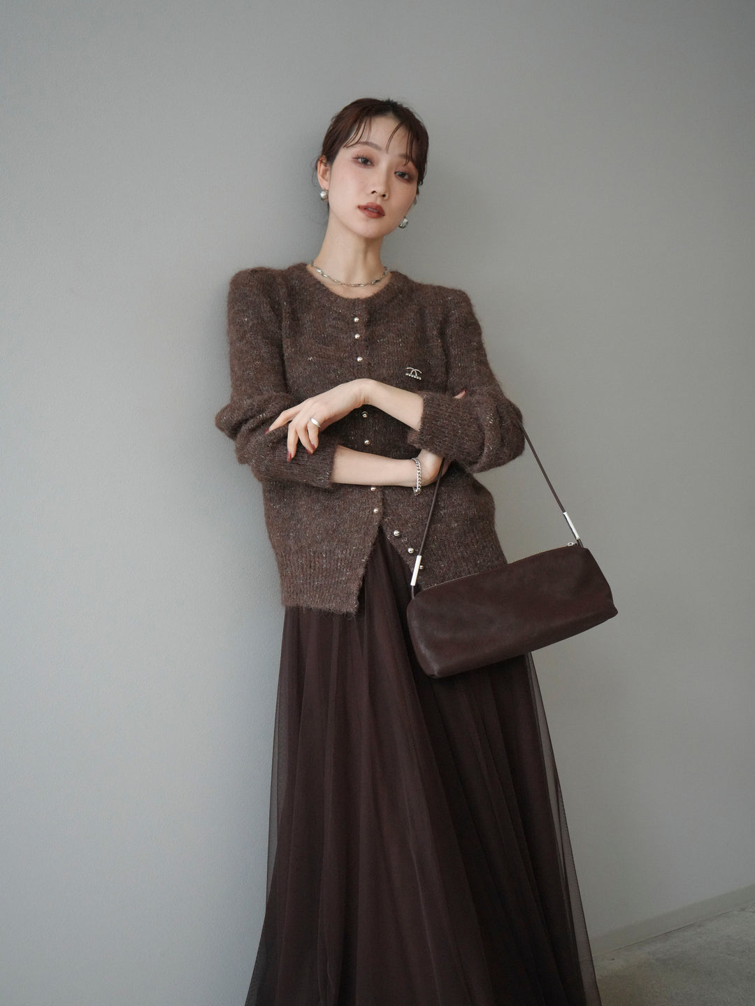 [予約]ブローチ付silverボタンミックスニットカーディガン/brown