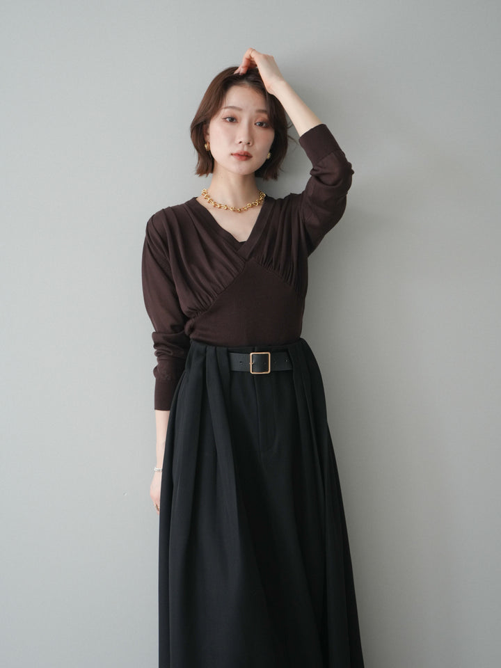 [予約]サイドギャザーVネックニットプルオーバー/brown