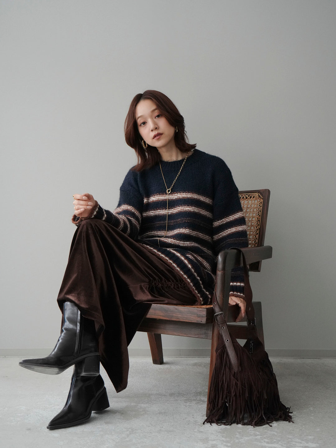 [SET]ステッチボーダーニットプルオーバー+選べるアクセセット(2set)