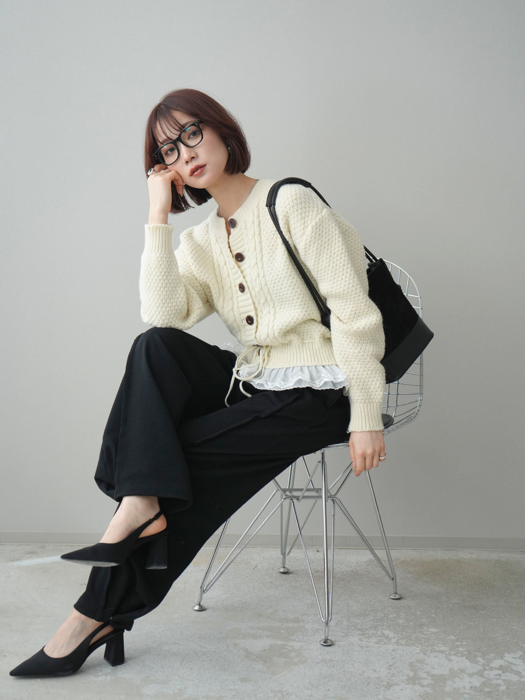 [SET]裾レースケーブルニットカーディガン+2WAYデザインスウェットパンツ(2set)