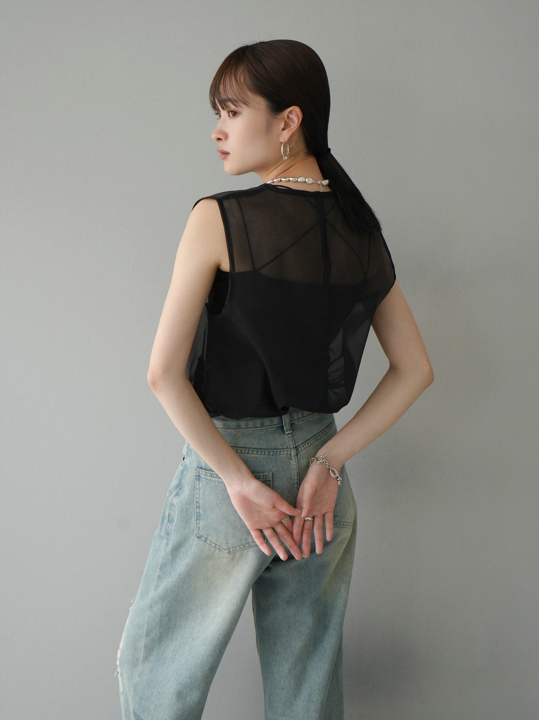 [SET] Organdy sleeveless top + belt asymmetrical damaged denim (2set)