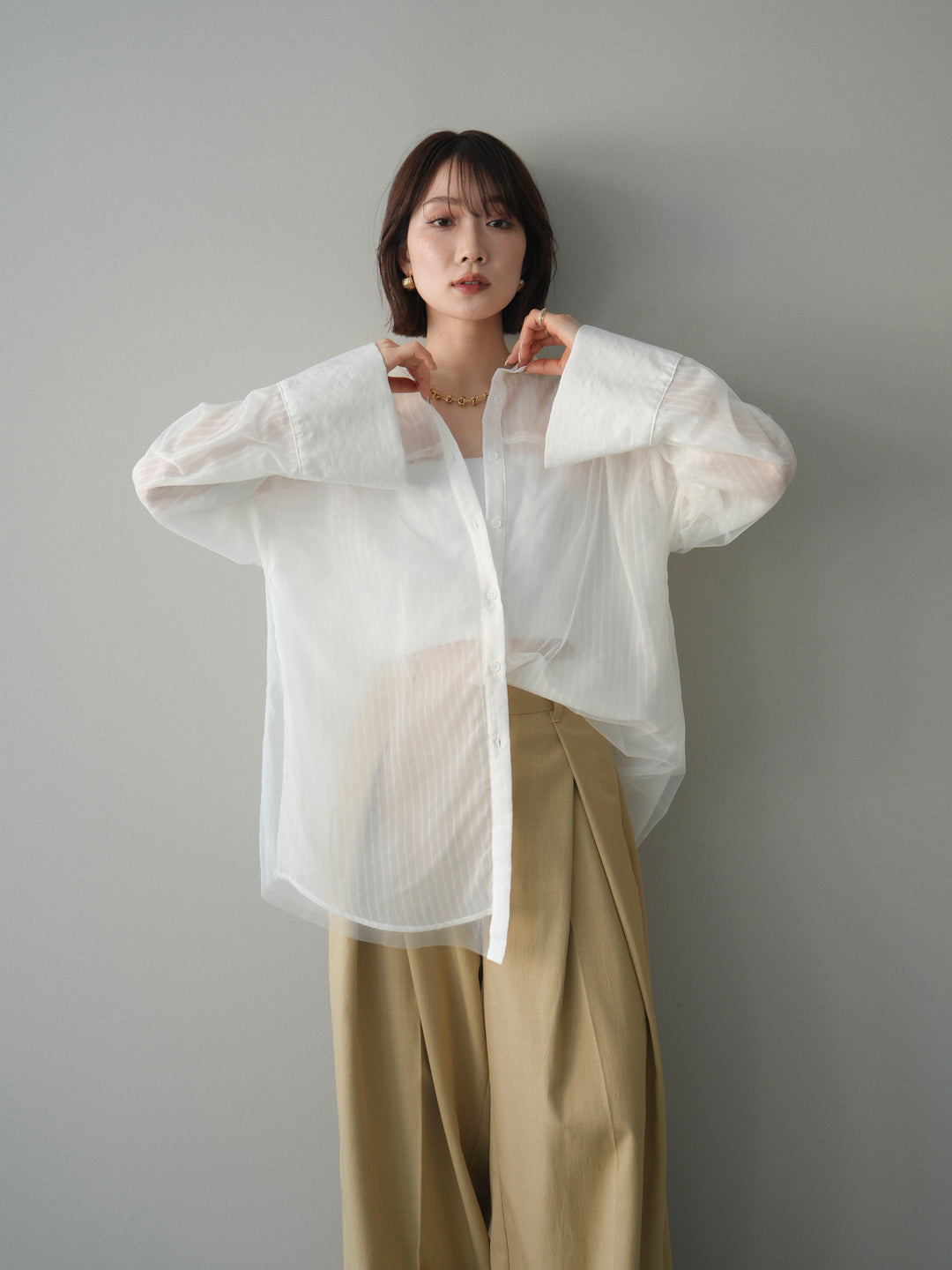 [予約]チュールレイヤードストライプシアーシャツ/offwhite