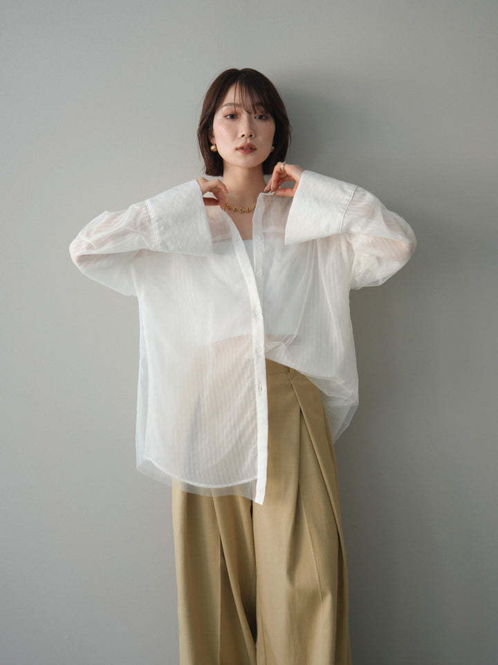 [予約]チュールレイヤードストライプシアーシャツ/offwhite