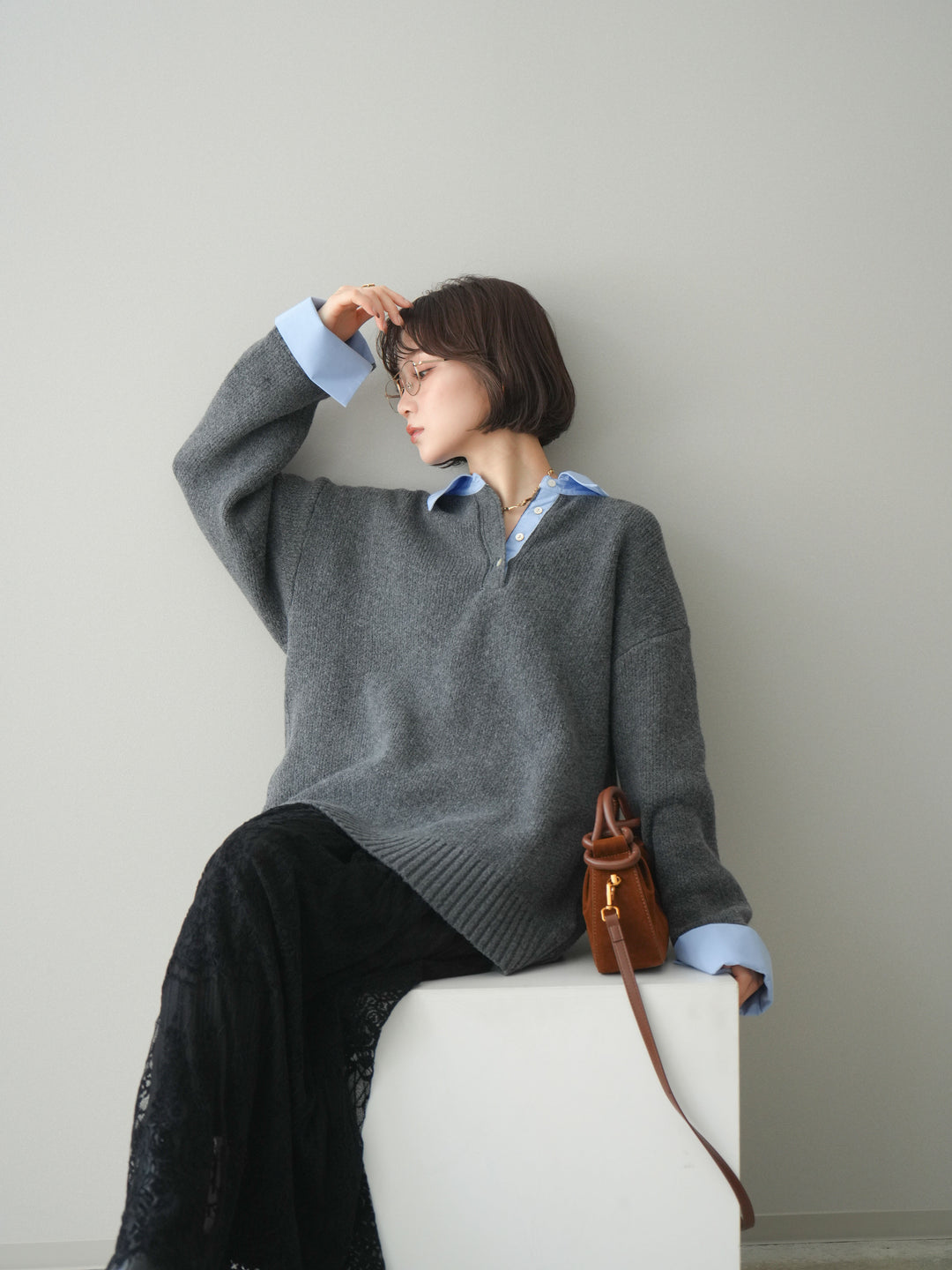 [予約]シャツドッキングオーバーニットプルオーバー/charcoalsax