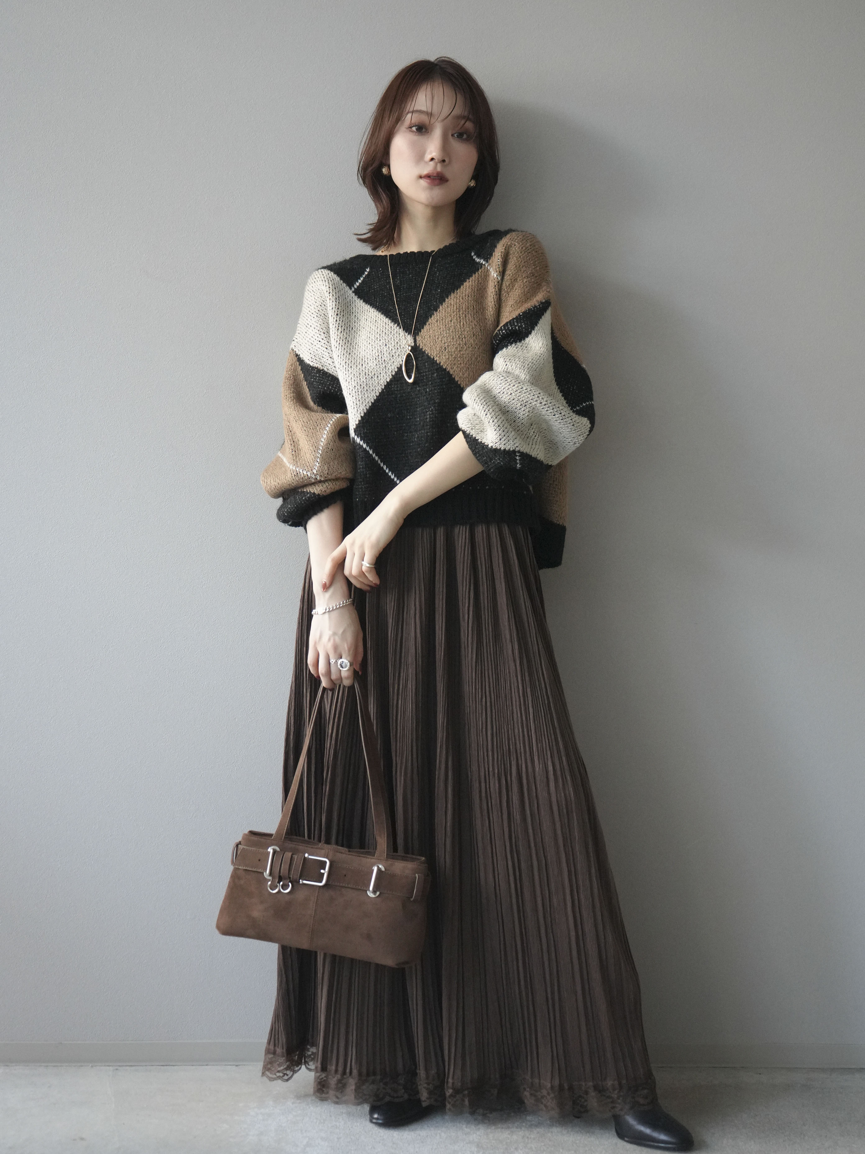 SET]配色ステッチアーガイル柄ニットプルオーバー+裾レーススウェード