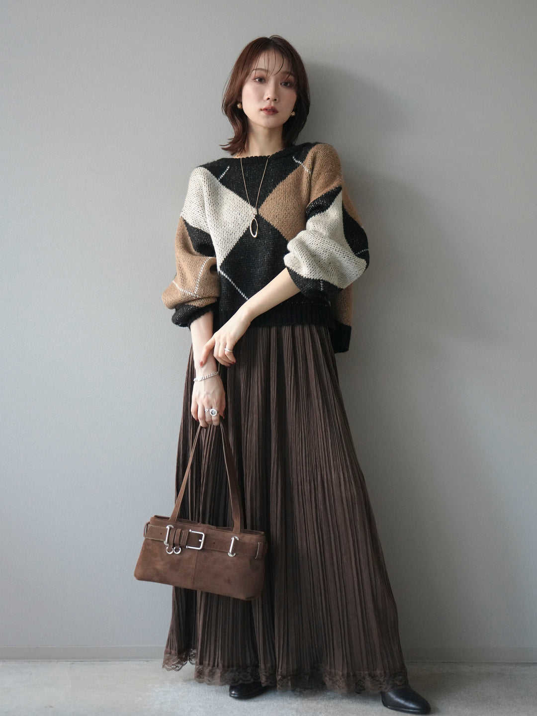 [SET]配色ステッチアーガイル柄ニットプルオーバー+裾レーススウェードプリーツマキシスカート(2set)