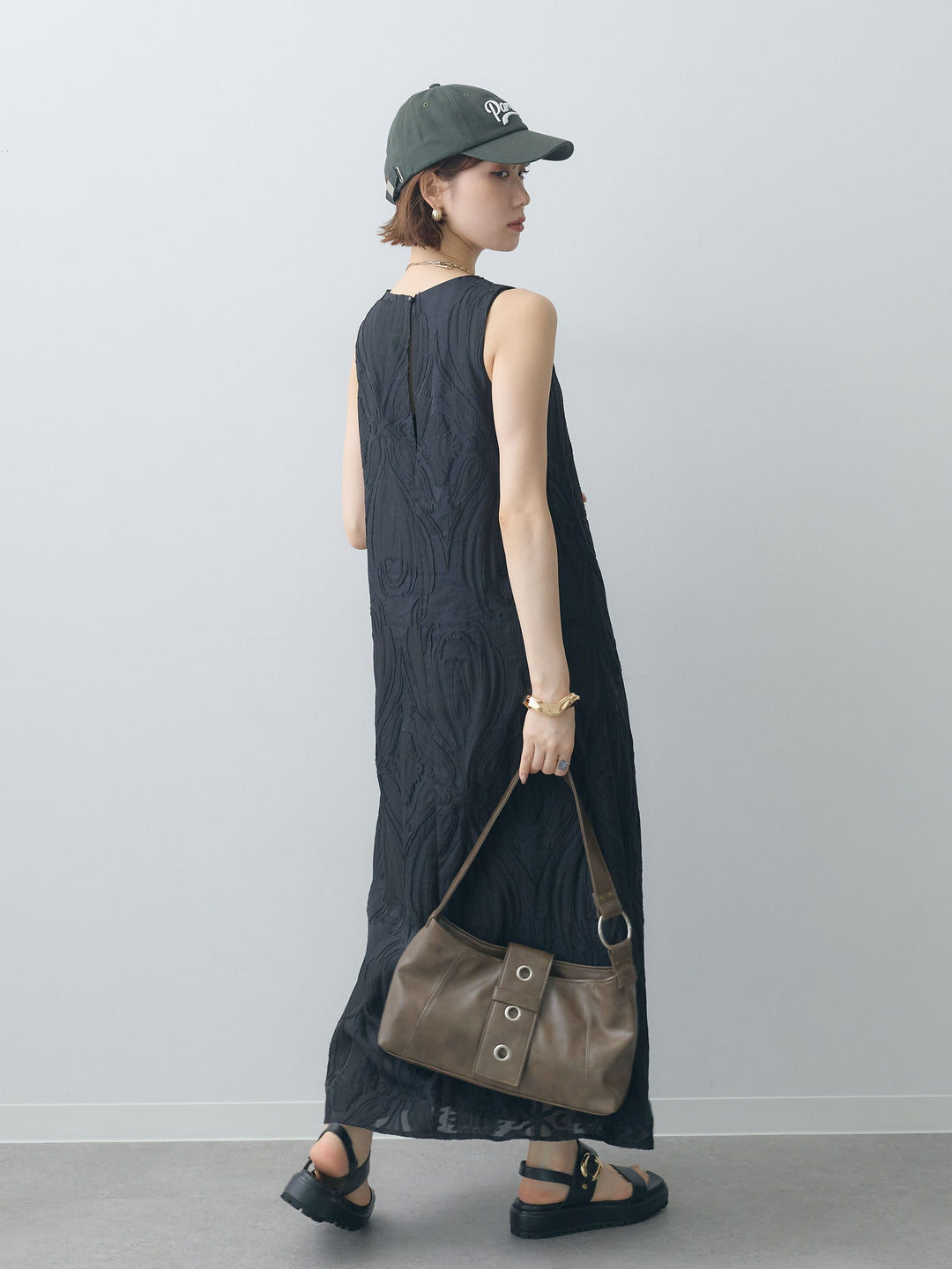 [予約]Vネックシアージャガードノースリワンピース/black