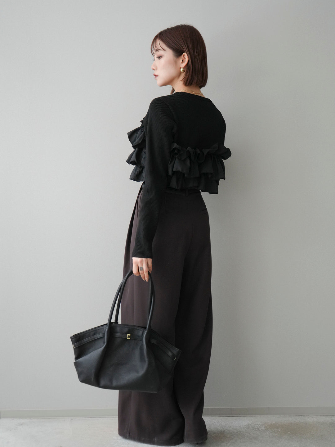 [SET]フリルビスチェドッキングスポンジニットプルオーバー+ベルトループデザインワイドパンツ(2set)