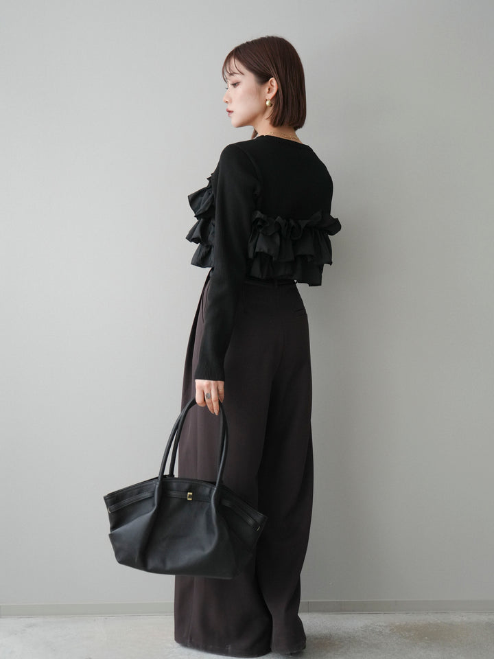 [SET]フリルビスチェドッキングスポンジニットプルオーバー+ベルトループデザインワイドパンツ(2set)