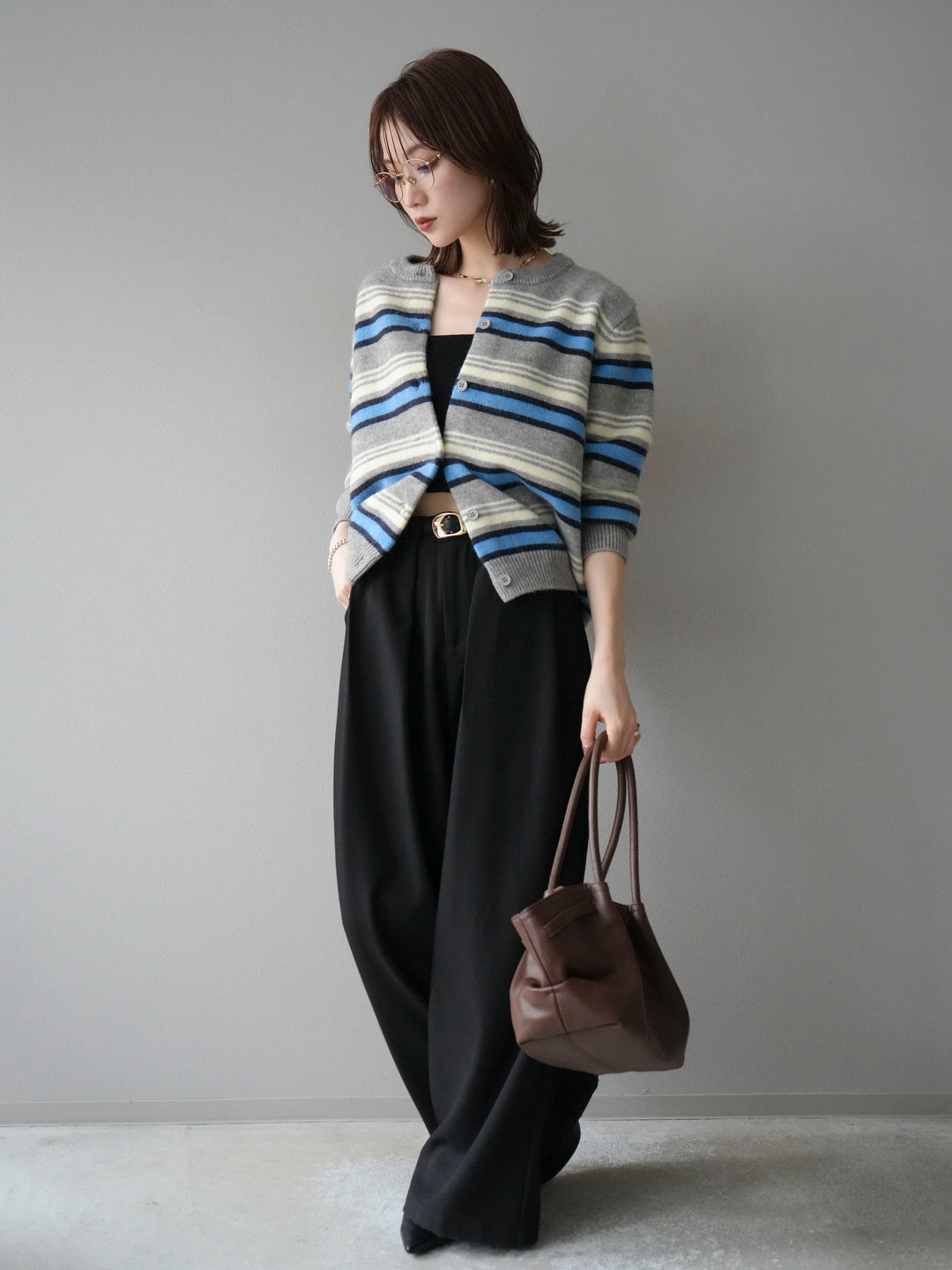 [SET]マルチボーダーニットカーディガン+ベルトループデザインワイドパンツ(2set)
