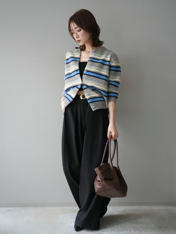 [SET]マルチボーダーニットカーディガン+ベルトループデザインワイドパンツ(2set)