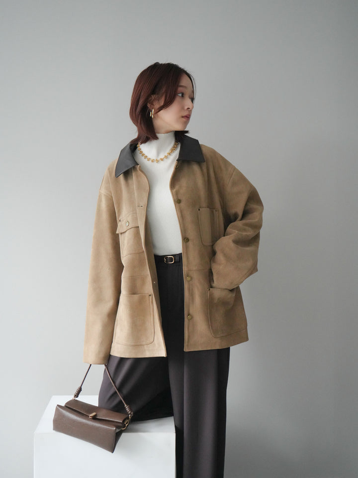 [SET]襟レザーステンカラースエードジャケット+袖ボタンボトルネックリブニットトップス+ベルトループデザインワイドパンツ(3set)